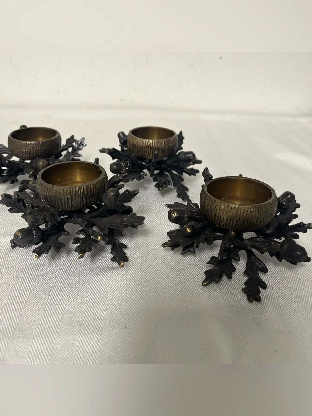 4 Vtg Metal Acorn Oak Leaf Votive Candle Holder Lot Heavy Cast Iron Set